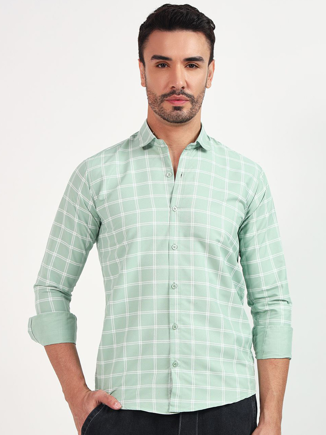 

YOUTH FIRST Men Premium Spread Collar Shepherd Checked Casual Shirt, Grey