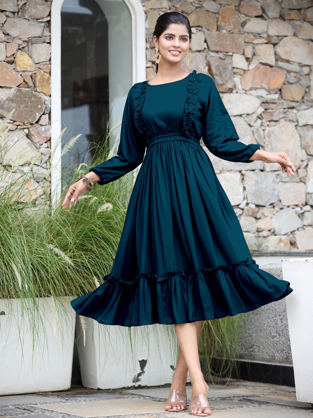 

Raiyani Enterprise Women Puff Sleeves Fit & Flare Dress, Blue
