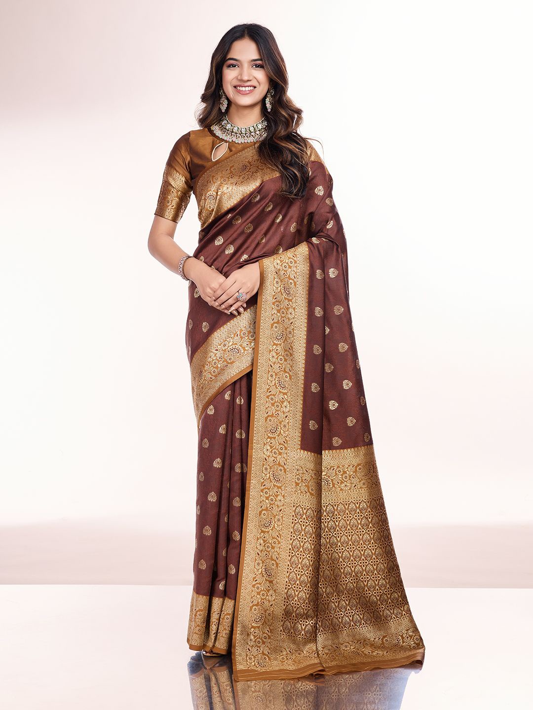 

RICH & ROMAN Woven Design Zari Pure Silk Banarasi Saree, Coffee brown