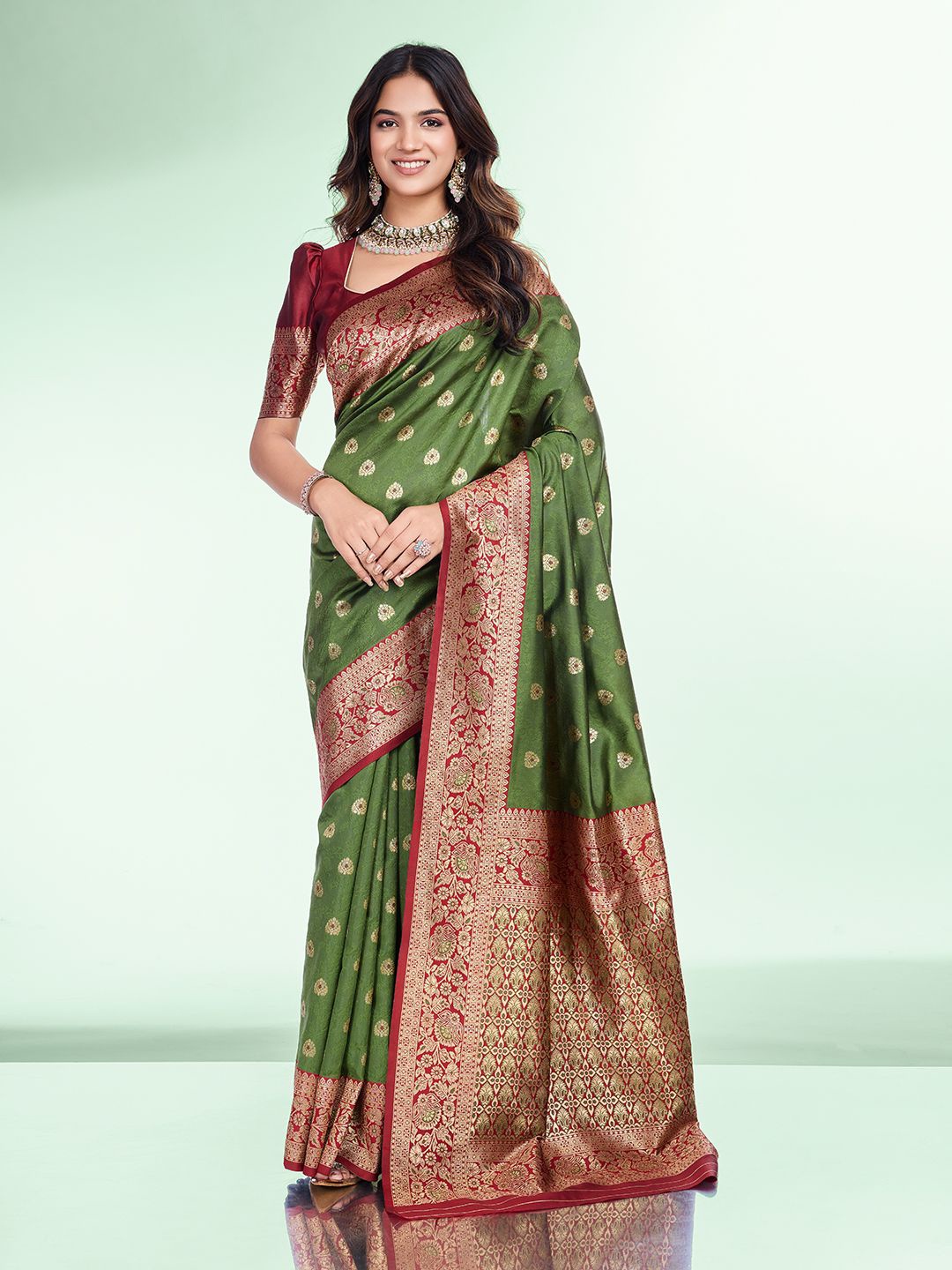 

RICH & ROMAN Ethnic Motifs Zari Pure Silk Traditional Banarasi Saree, Olive