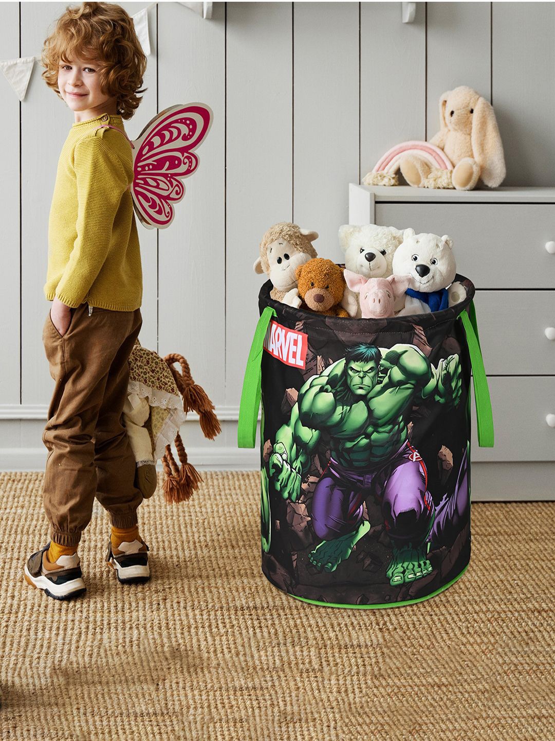 

Kuber Industries Green & Black Marvel Green Hulk Printed Foldable Laundry Bag 45L