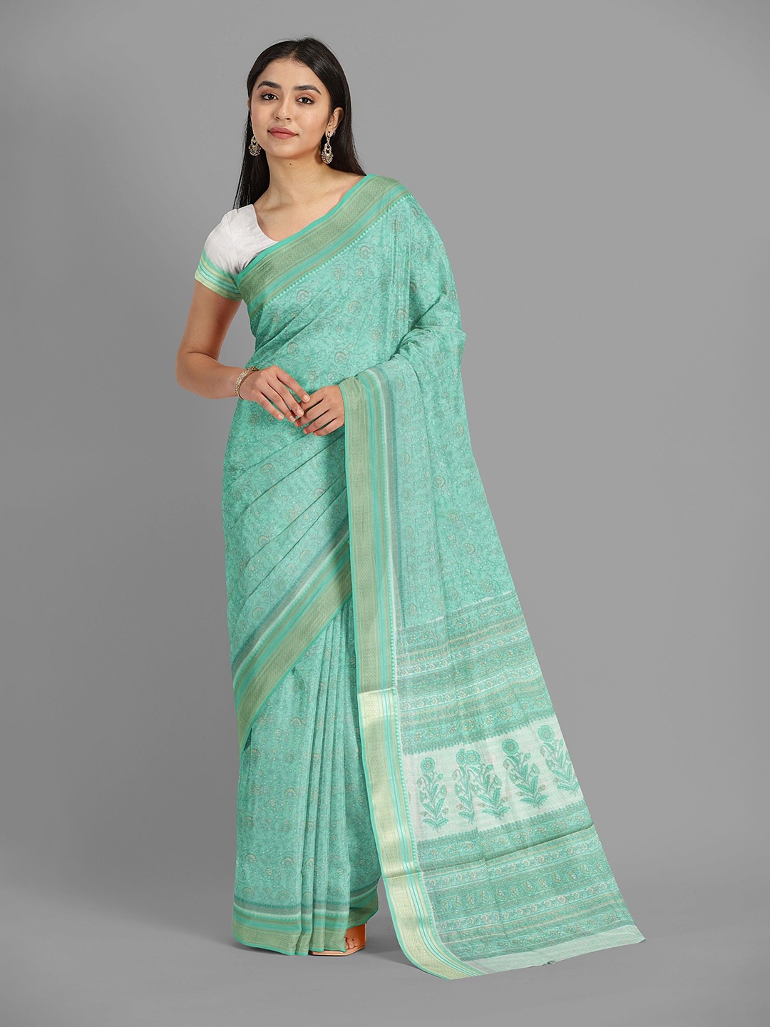 

The Chennai Silks Floral Zari Pure Cotton Chanderi Saree, Green