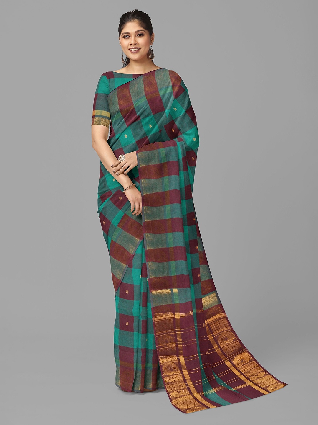 

The Chennai Silks Checked Zari Pure Cotton Chettinad Saree, Green