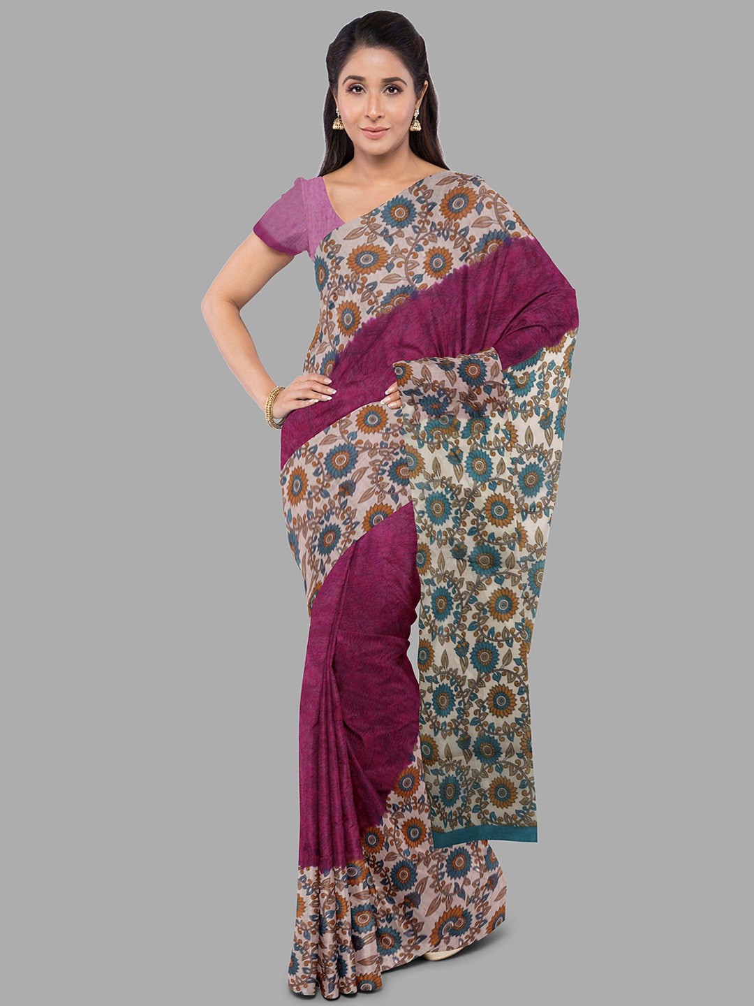 

The Chennai Silks Floral Pure Cotton Muga Saree, Magenta