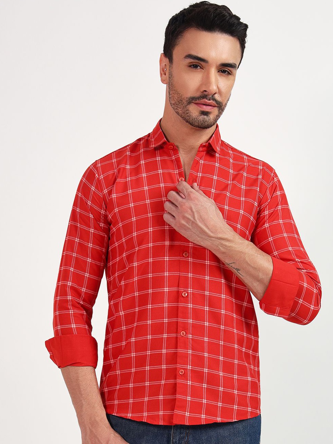 

YOUTH FIRST Men Premium Spread Collar Shepherd Checked Casual Shirt, Red