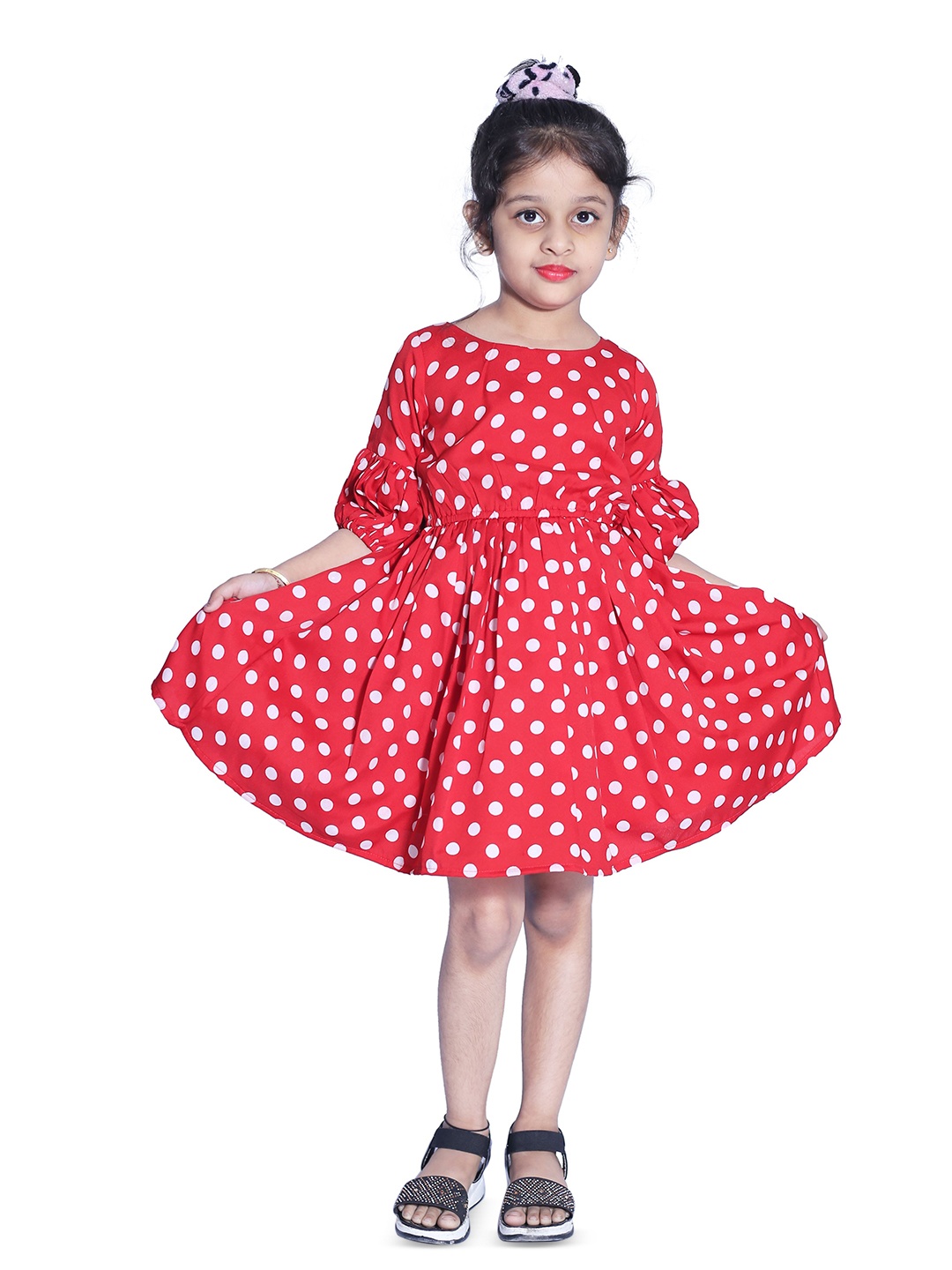 

Wish little Girls Polka Dot Printed Puff Sleeve Fit and Flare Dress, Red