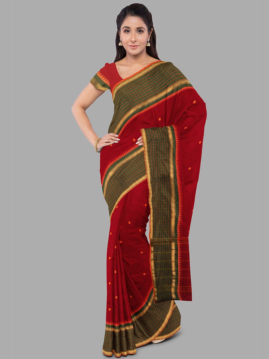 

The Chennai Silks Floral Zari Pure Cotton Chettinad Saree, Red