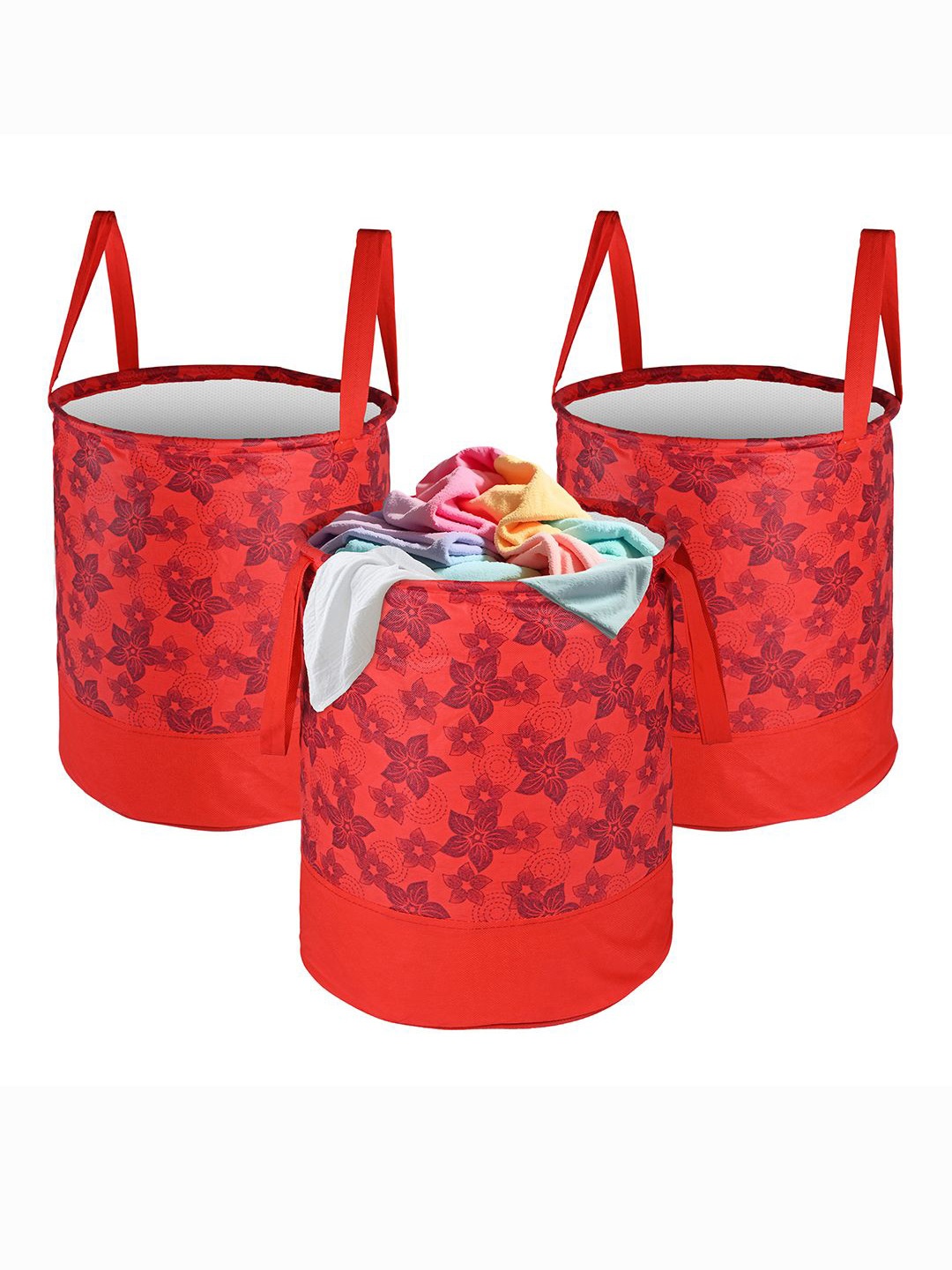 

Kuber Industries Red 3 Pieces Floral Printed Foldable Laundry Bags 45 l