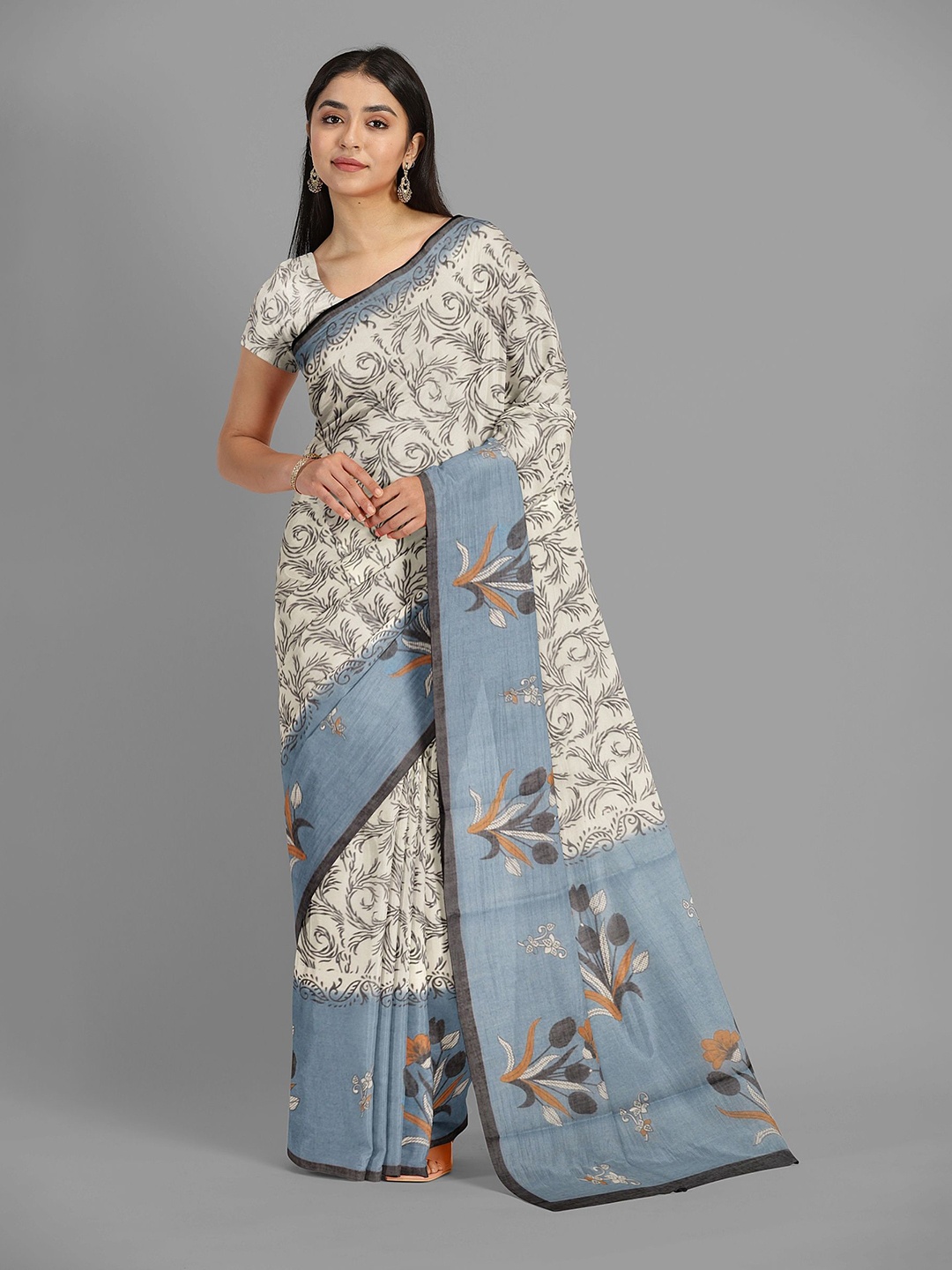 

The Chennai Silks Floral Pure Cotton Fusion Muga Saree, Cream