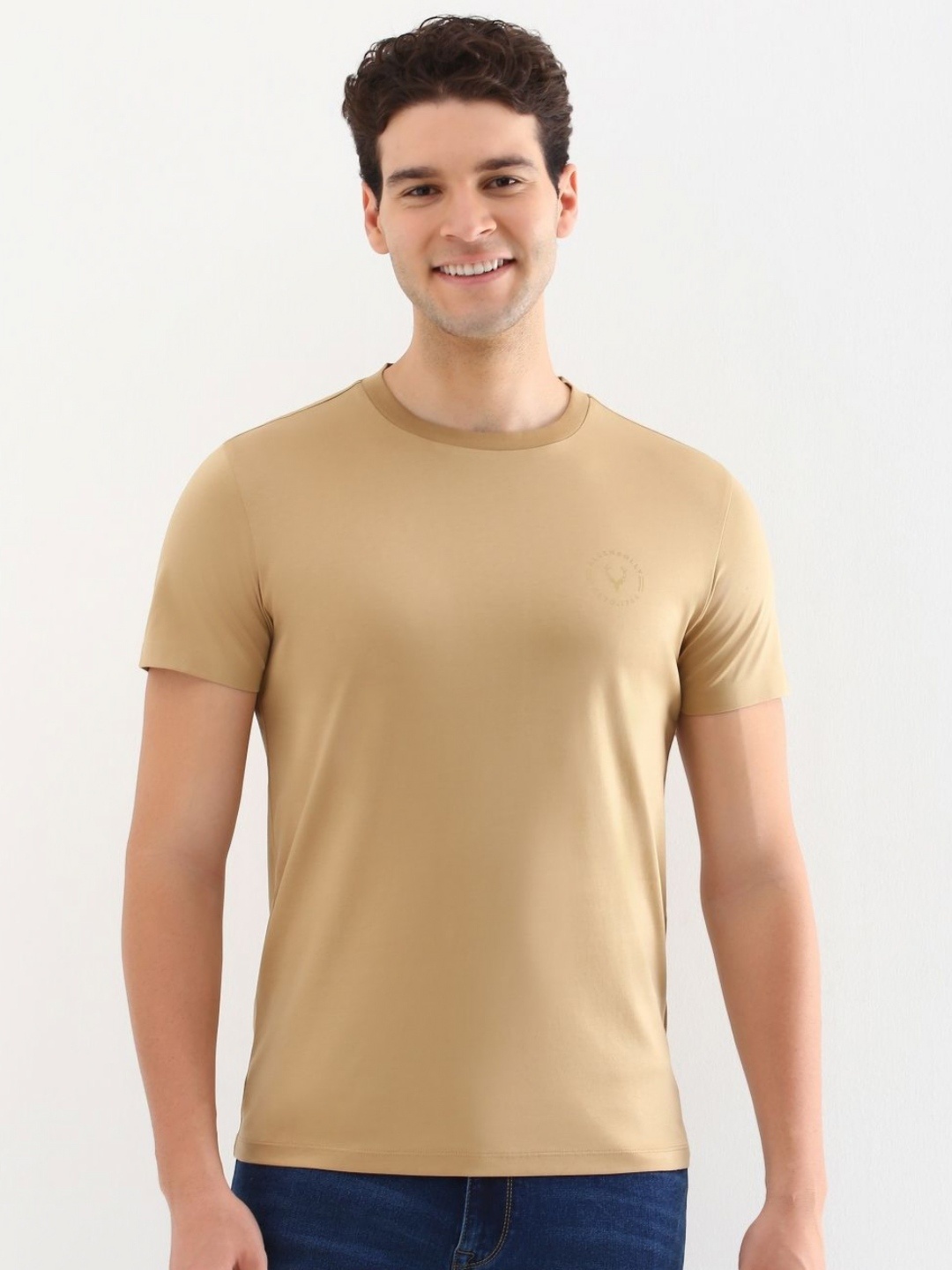 

Allen Solly Men Solid Round Neck Cotton Slim Fit T-shirt, Beige