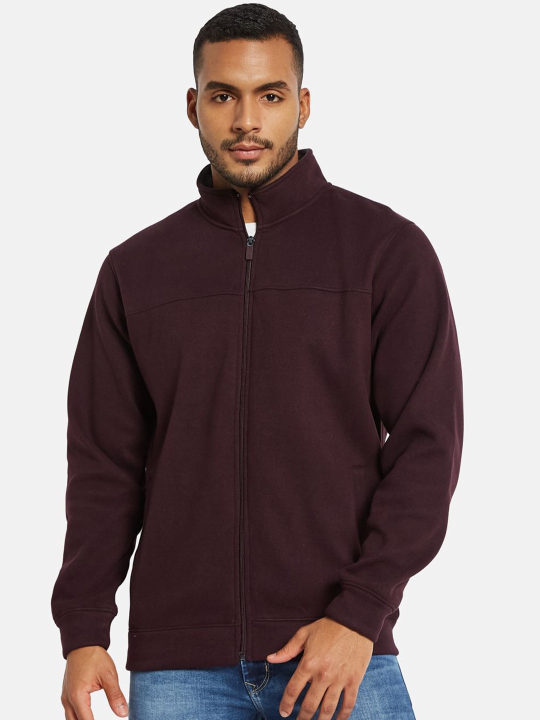 

Octave Men Mock Collar Front-Open Sweatshirt, Maroon