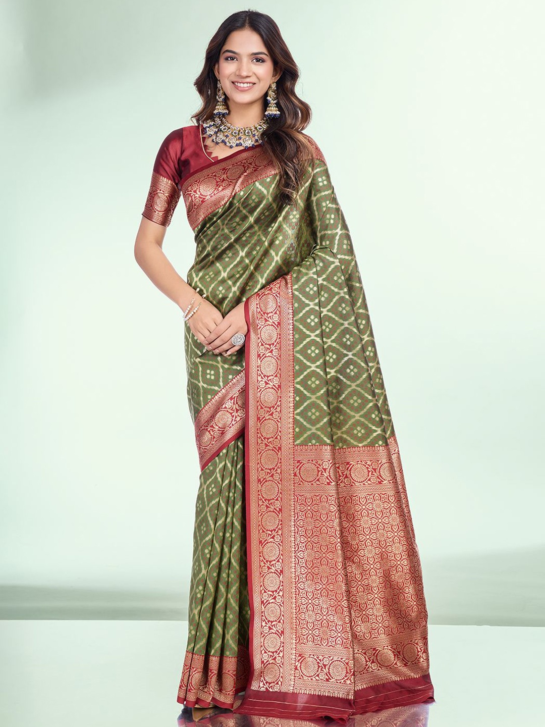 

RICH & ROMAN Woven Design Zari Pure Silk Banarasi Saree, Olive