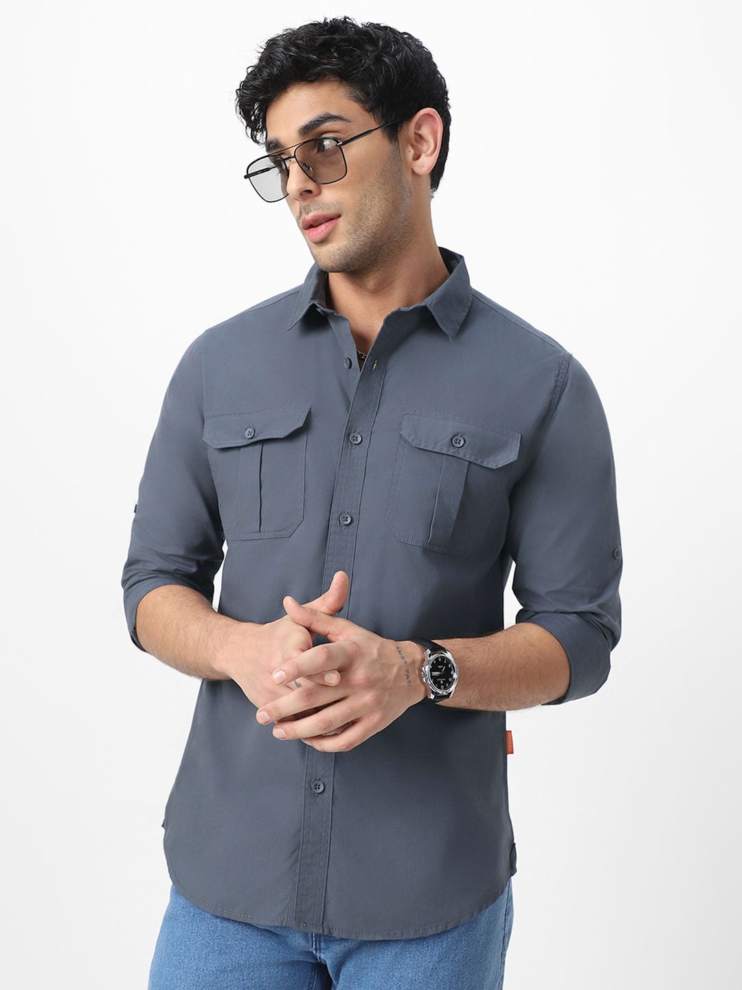 

Urbano Fashion Men Spread Collar Solid Cotton Casual Shirt, Grey