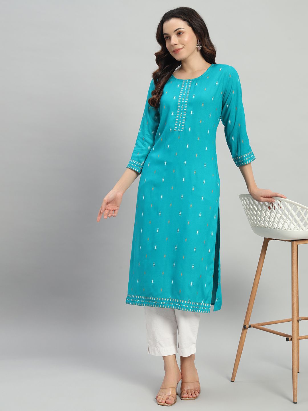 

KALINI Women Printed Straight Kurta, Turquoise blue