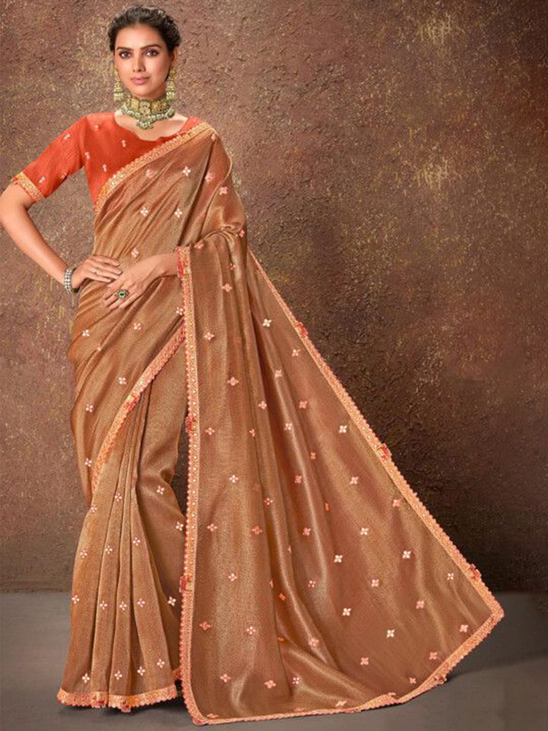 

MAHALASA Floral Embroidered Tissue Saree, Orange