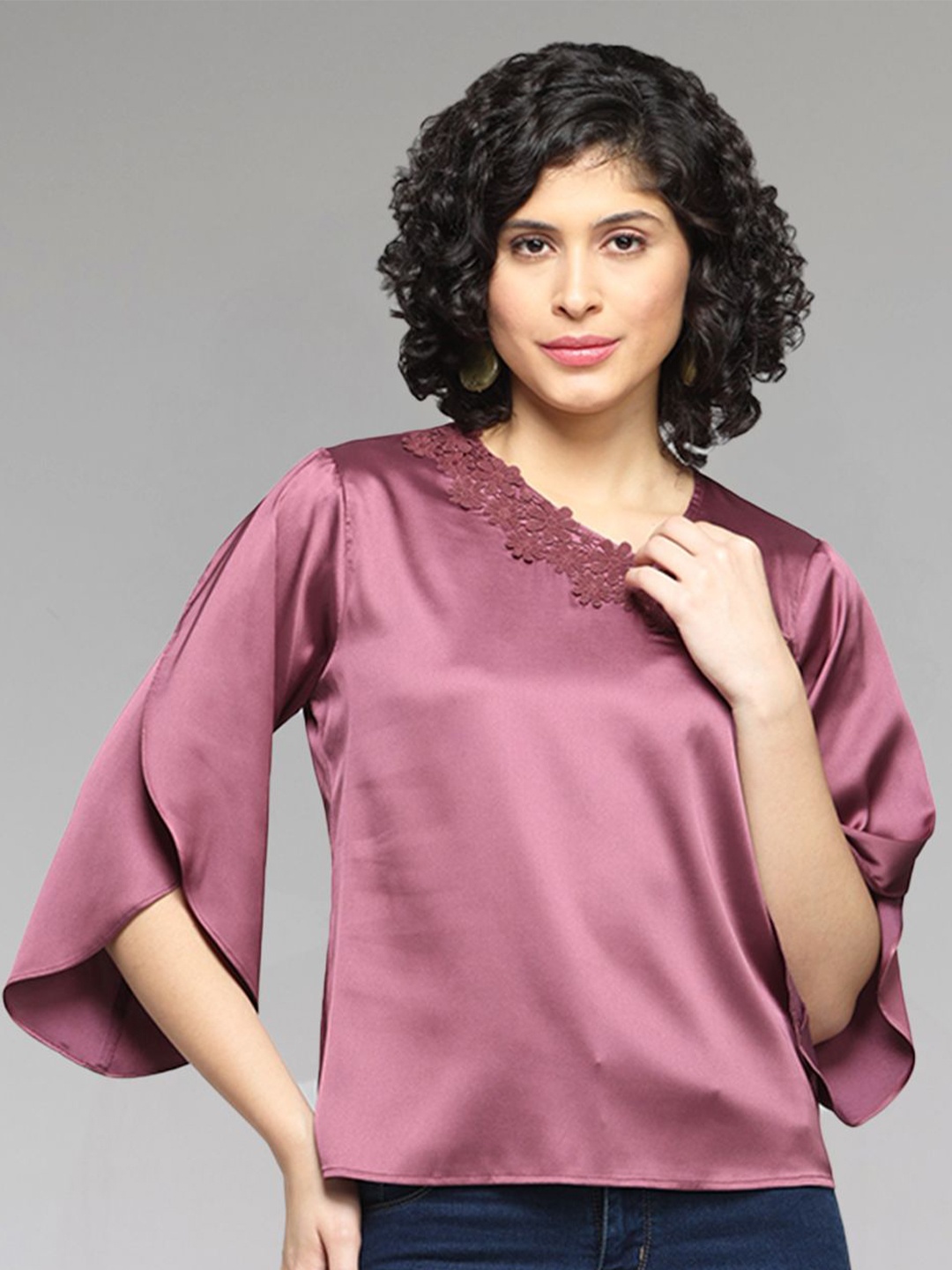 

SHAYE Women Asymmetric Neck Satin Top, Mauve
