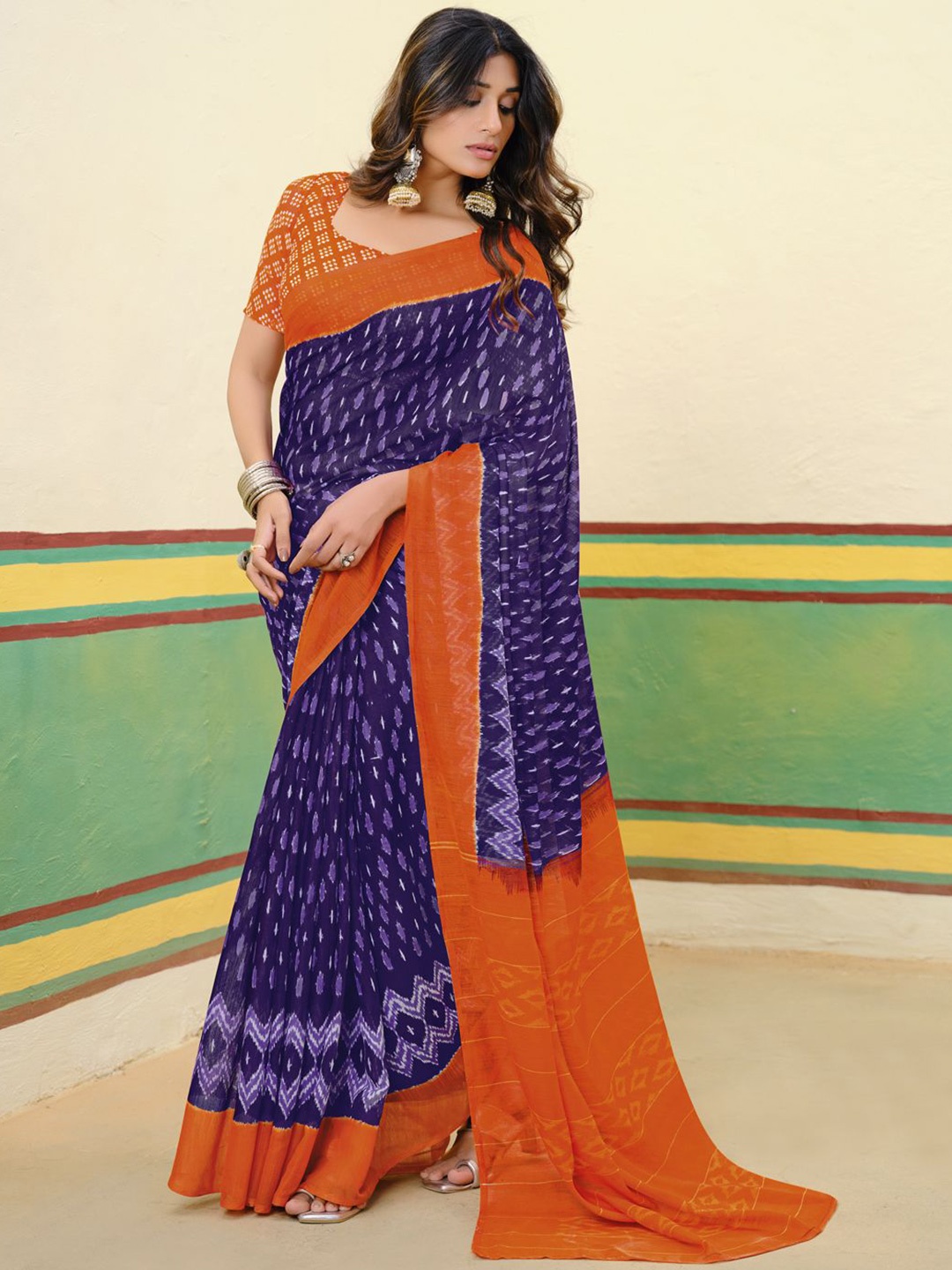 

CHUDIYA Geometric Printed Pure Cotton Ikat Saree, Violet