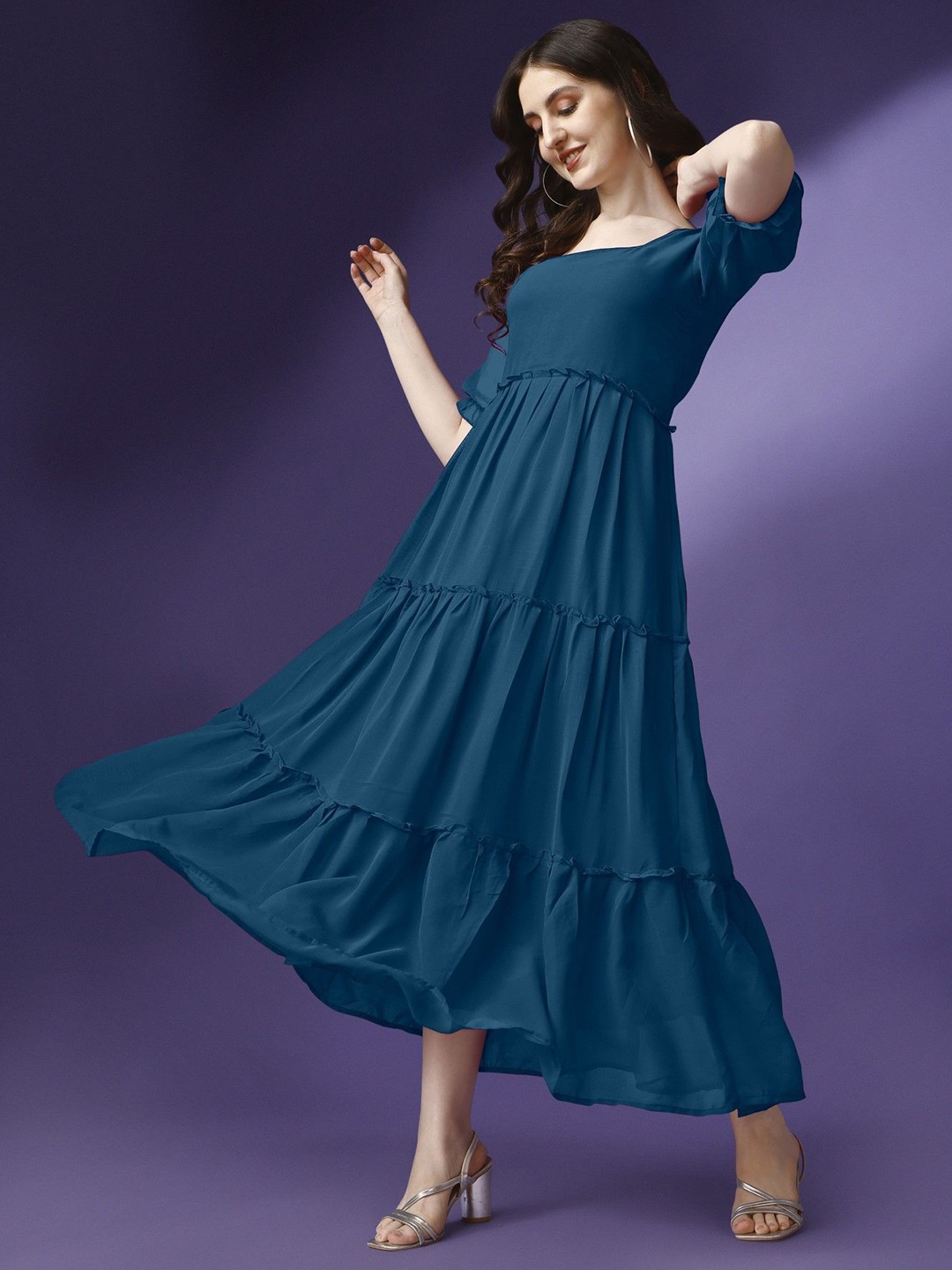 

Raiyani Enterprise Women Applique Georgette Fit & Flare Midi Dress, Blue