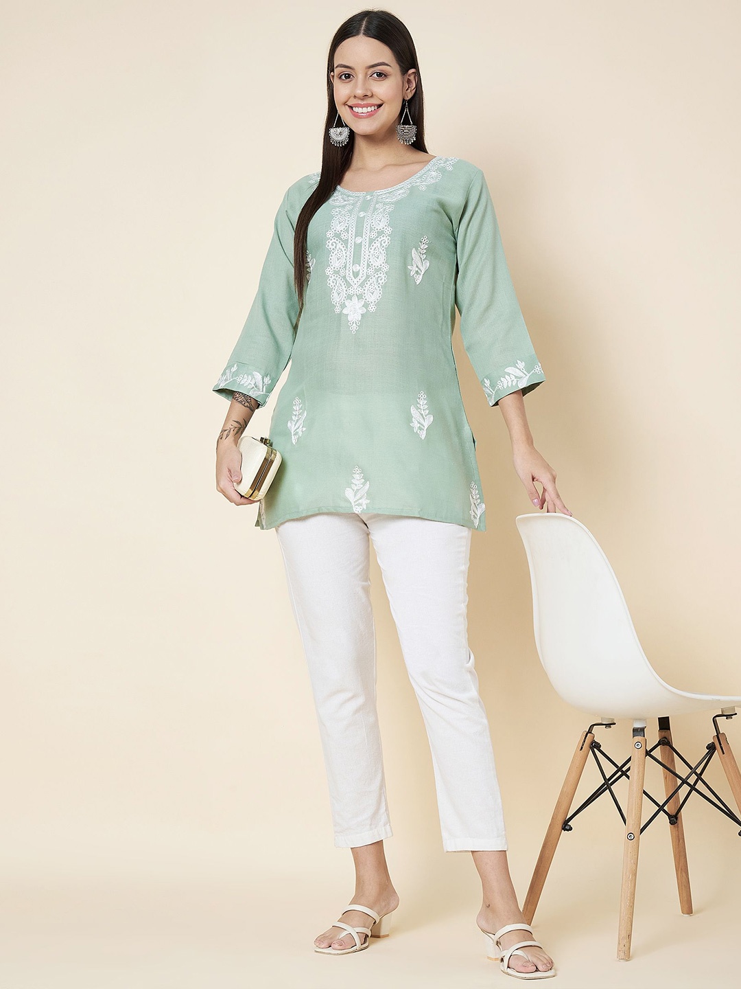 

HERE&NOW Floral Embroidered Thread Work Kurti, Green
