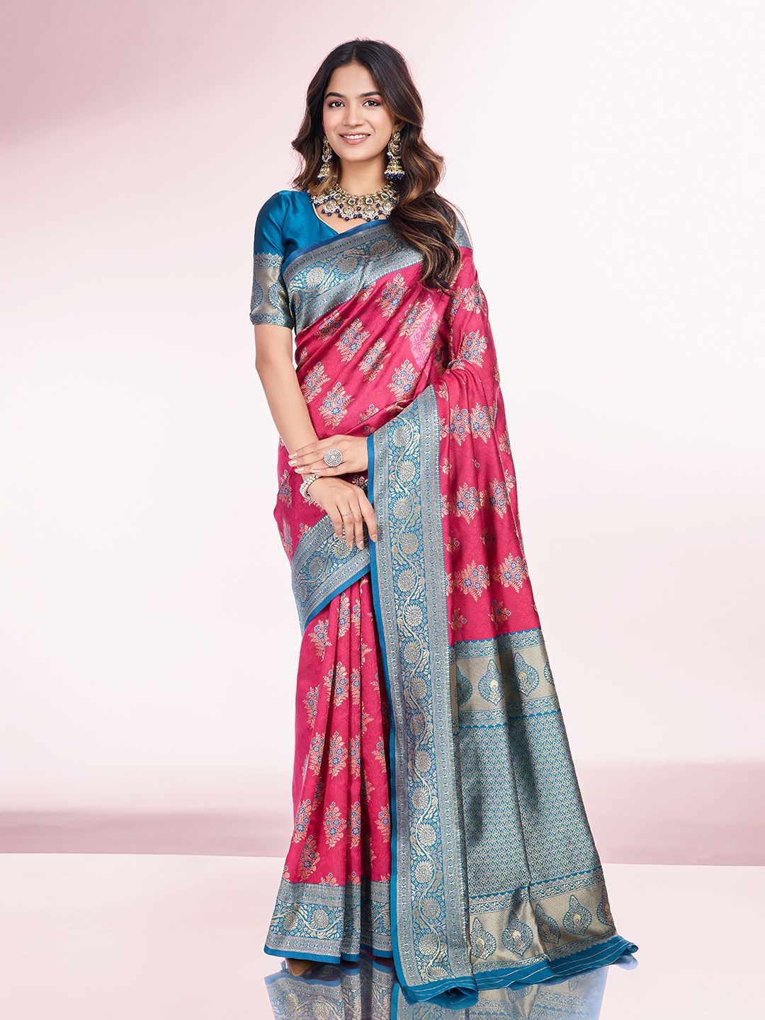 

RICH & ROMAN Ethnic Motifs Woven Design Zari Pure Silk Banarasi Saree, Pink