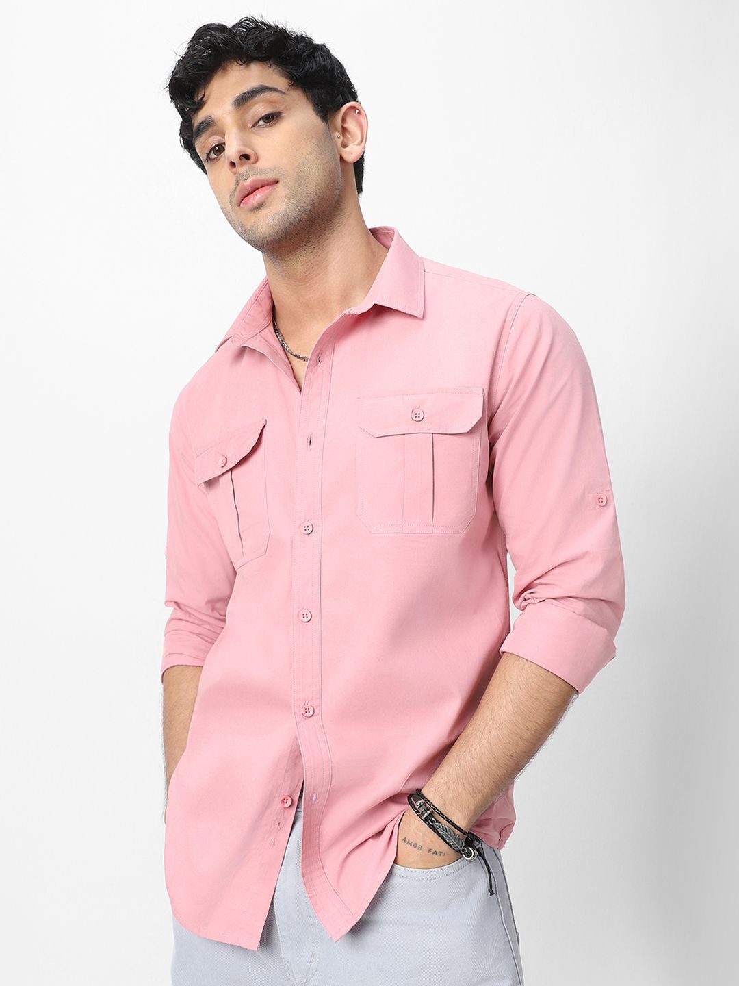 

Urbano Fashion Men Spread Collar Solid Cotton Casual Shirt, Pink