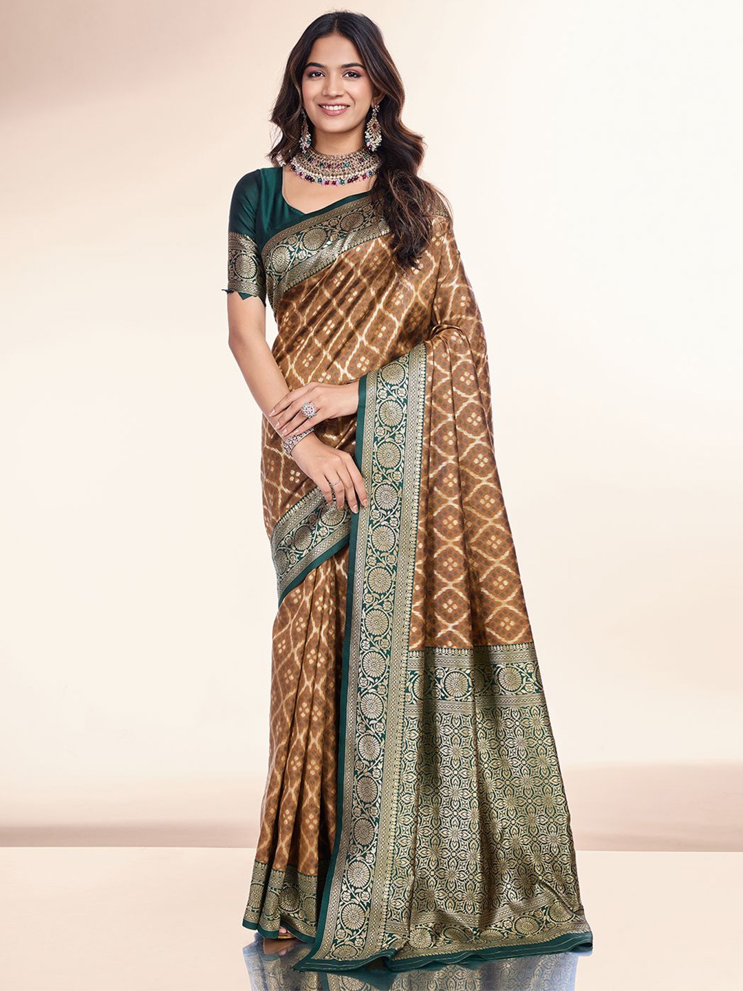 

RICH & ROMAN Ethnic Motifs Zari Pure Silk Banarasi Saree, Mustard