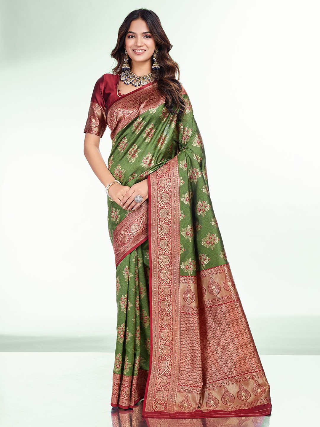 

RICH & ROMAN Woven Design Zari Pure Silk Banarasi Saree, Olive