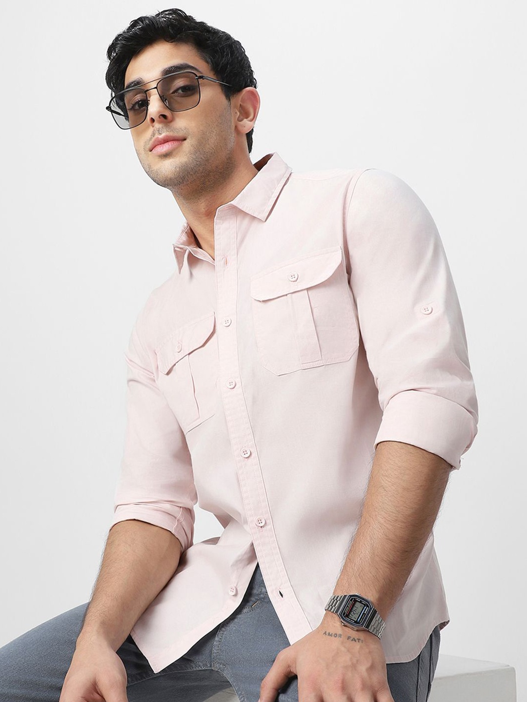

Urbano Fashion Men Spread Collar Solid Cotton Casual Shirt, Pink