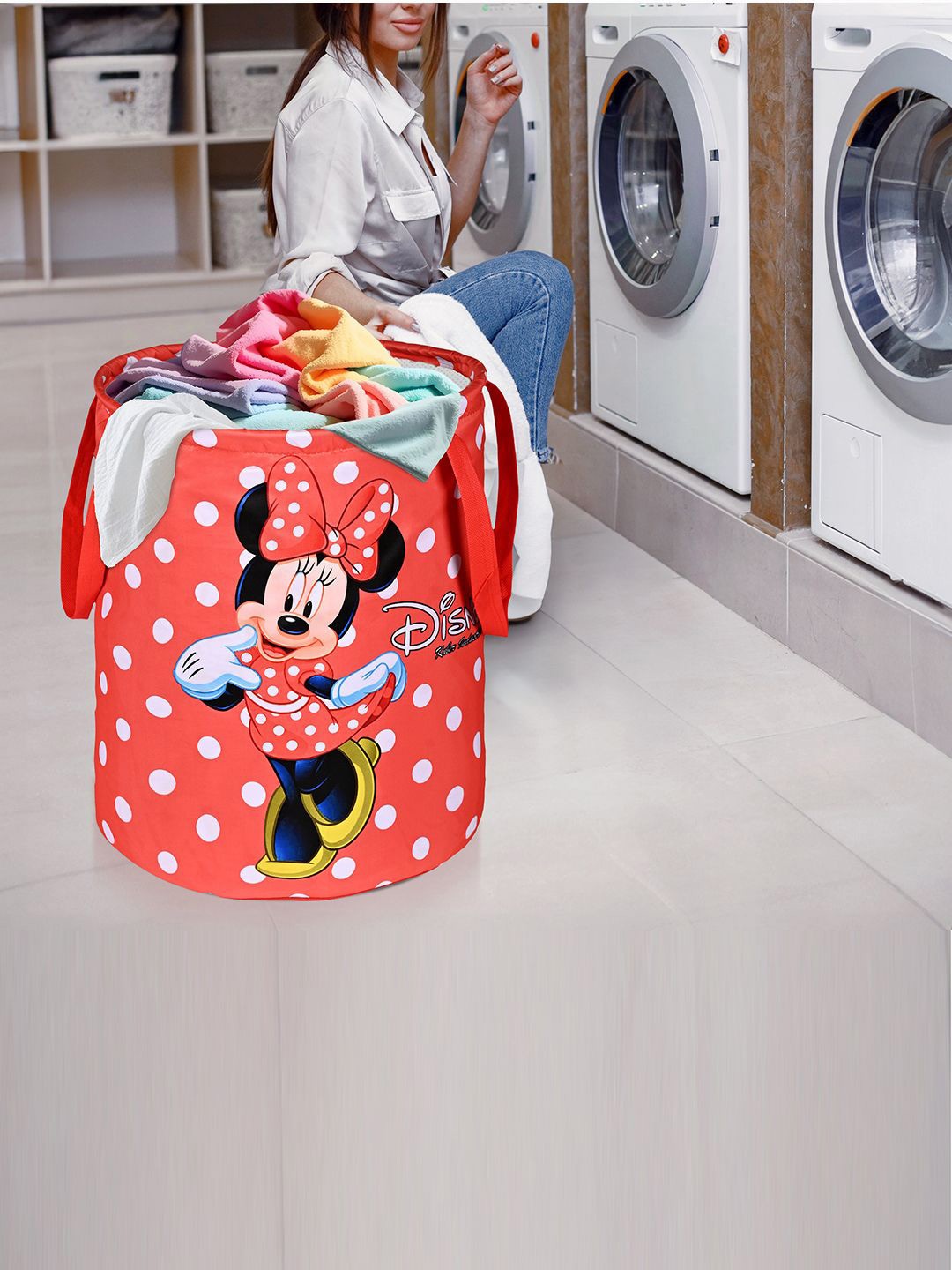 

Kuber Industries Red & White Disney Minnie Dots Printed Foldable Laundry Bag 45L