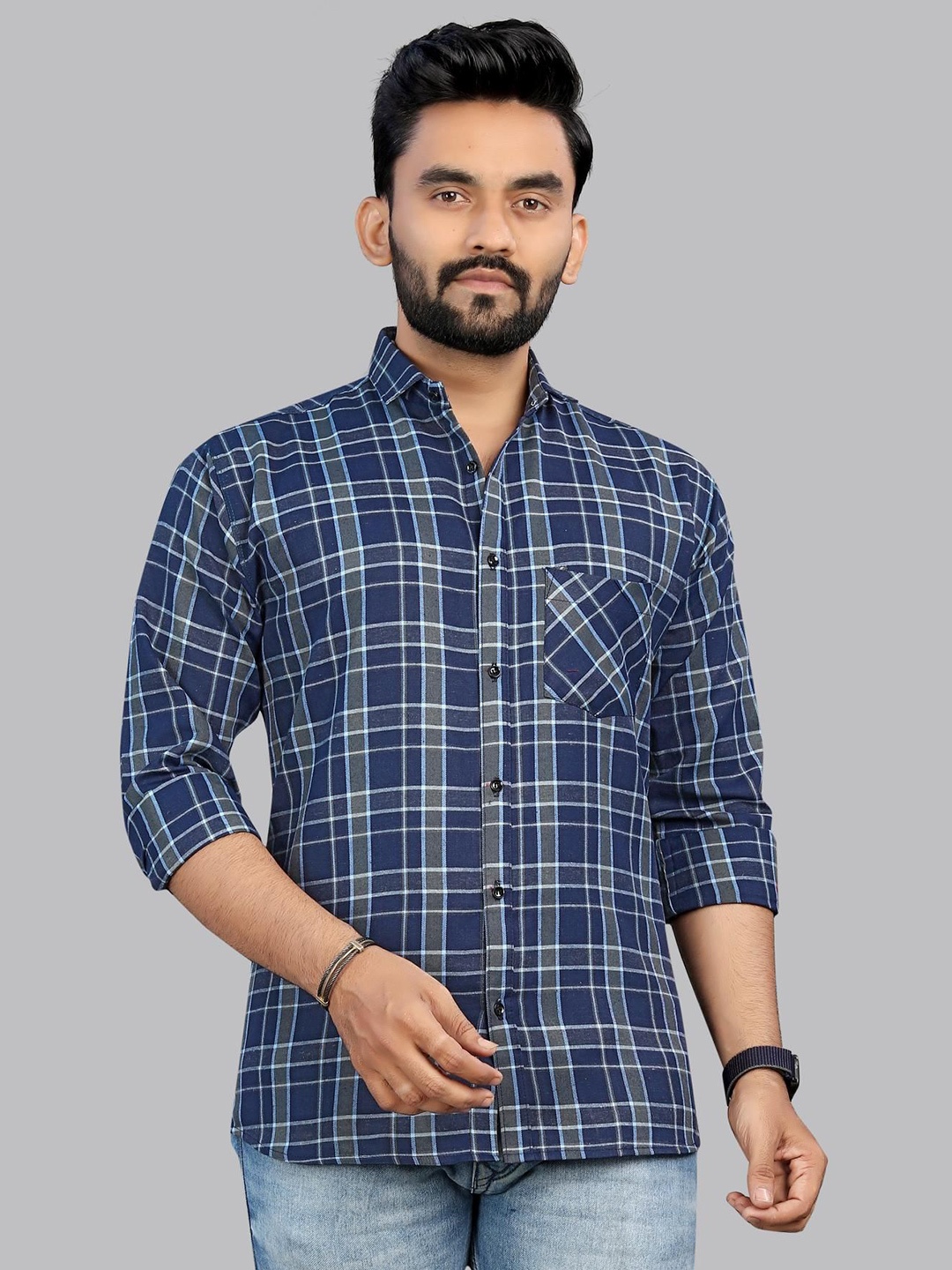 

allan peter Men Classic Spread Collar Tartan Checked Cotton Casual Shirt, Navy blue