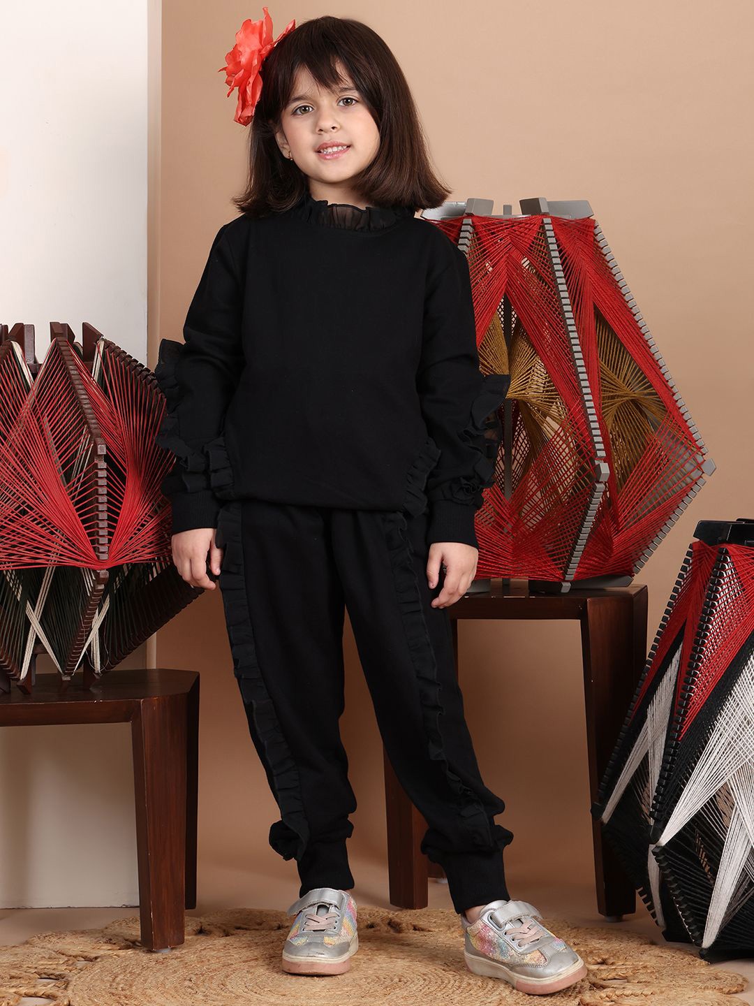 

Baawri Girls Pure Cotton Sweatshirt With Trouser, Black