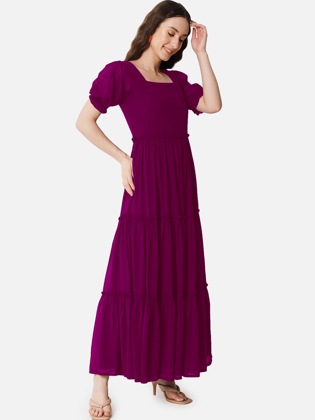 

Raiyani Enterprise Women Puff Sleeve Georgette Fit & Flare Maxi Dress, Magenta