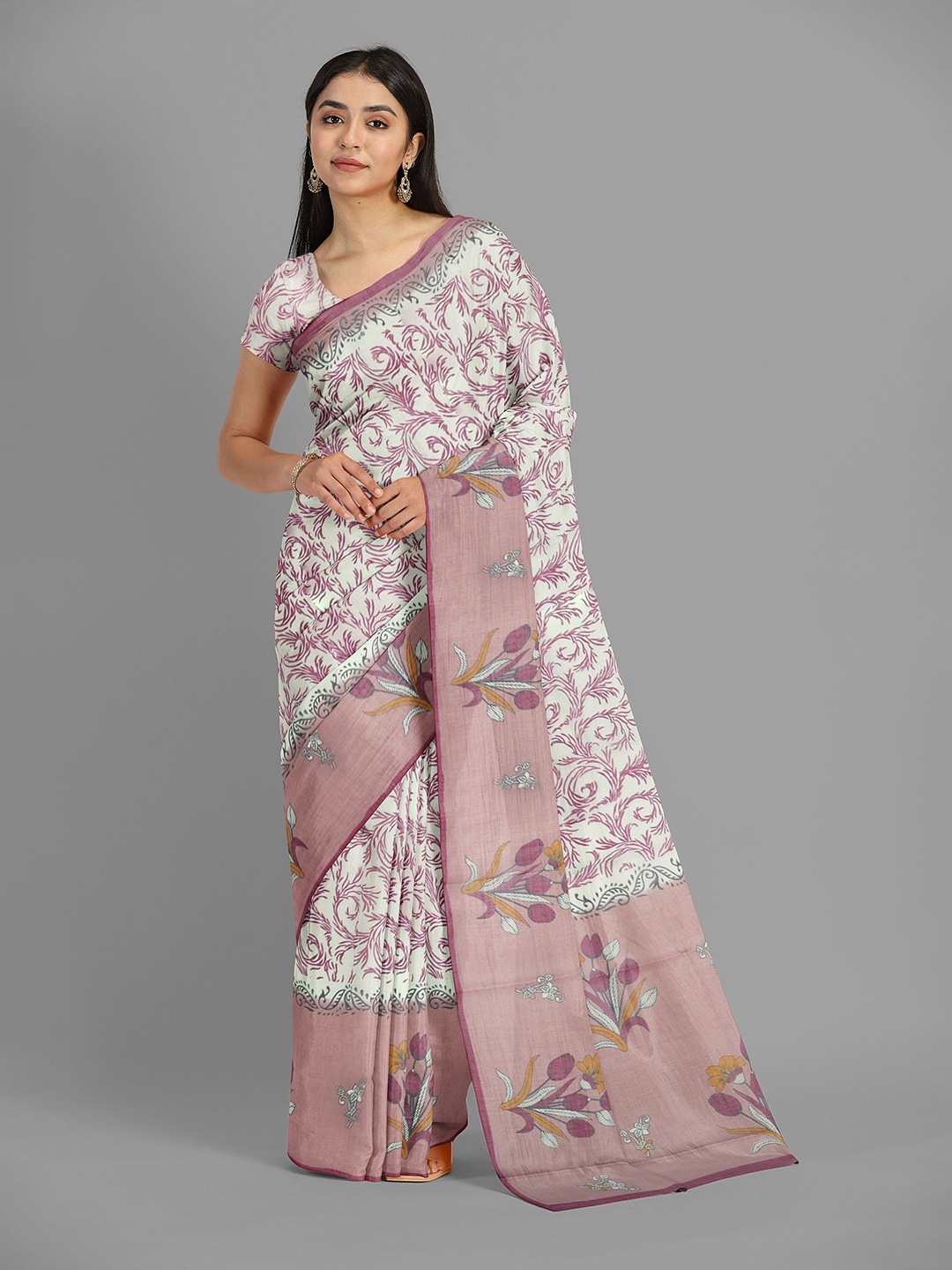 

The Chennai Silks Floral Pure Cotton Muga Saree, Cream