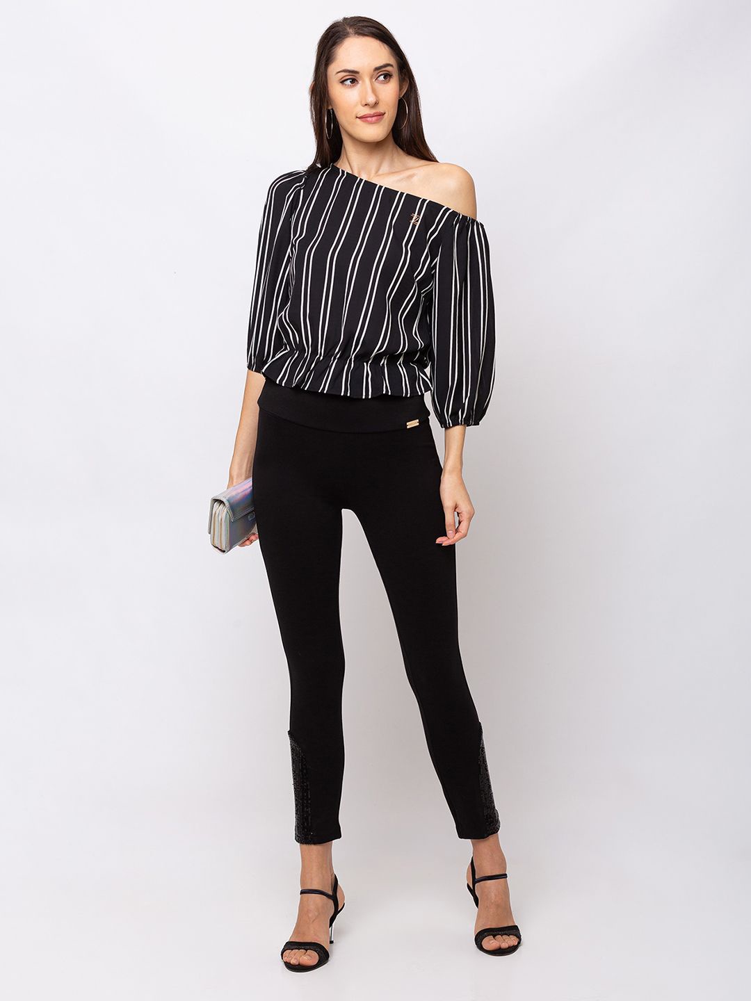 

SHECZZAR Women Striped Off-Shoulder Crepe Bardot Crop Top, Black