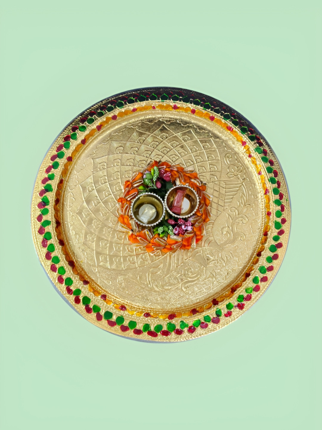 

PUFFSMART Pooja Plate With Roli Chawal Stand, Gold