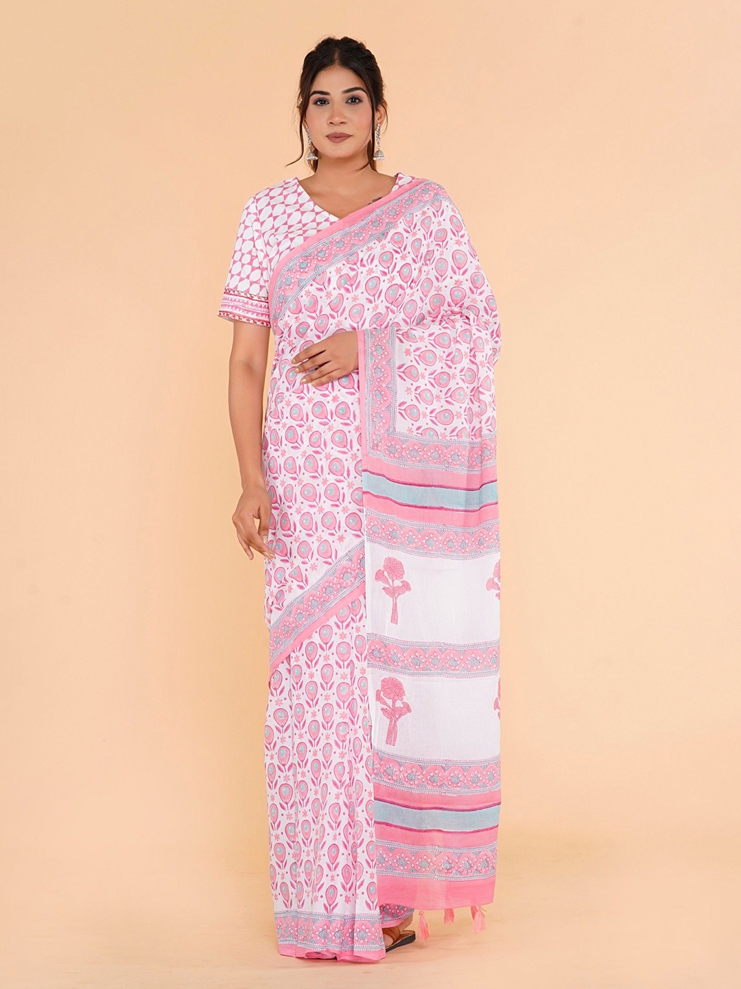 

Shivanya Handicrafts Floral Pure Cotton Block Printed Saree, Pink