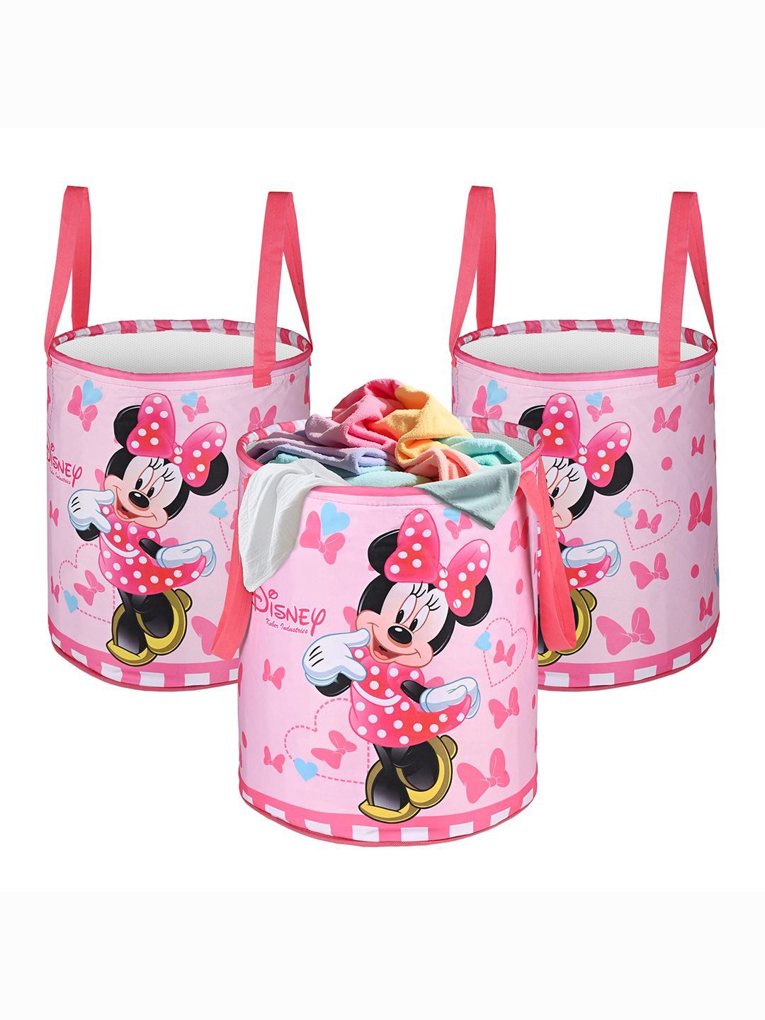 

Kuber Industries Pink & White 3 Pieces Disney Minnie Printed Foldable Laundry Bags 45 L