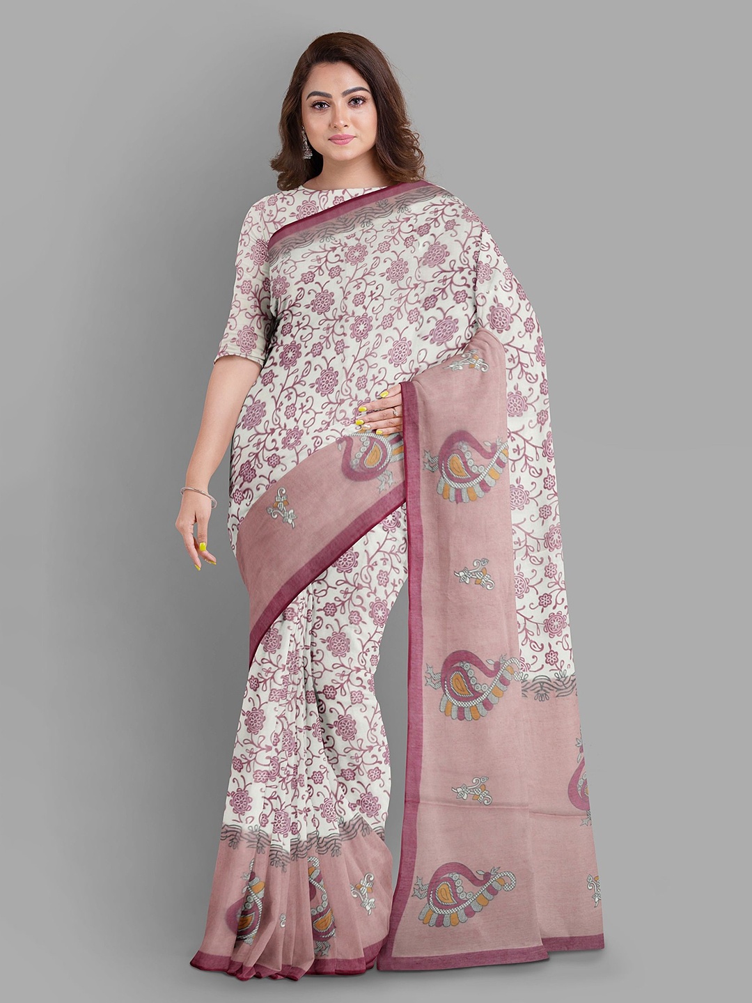 

The Chennai Silks Floral Pure Cotton Fusion Muga Saree, Cream