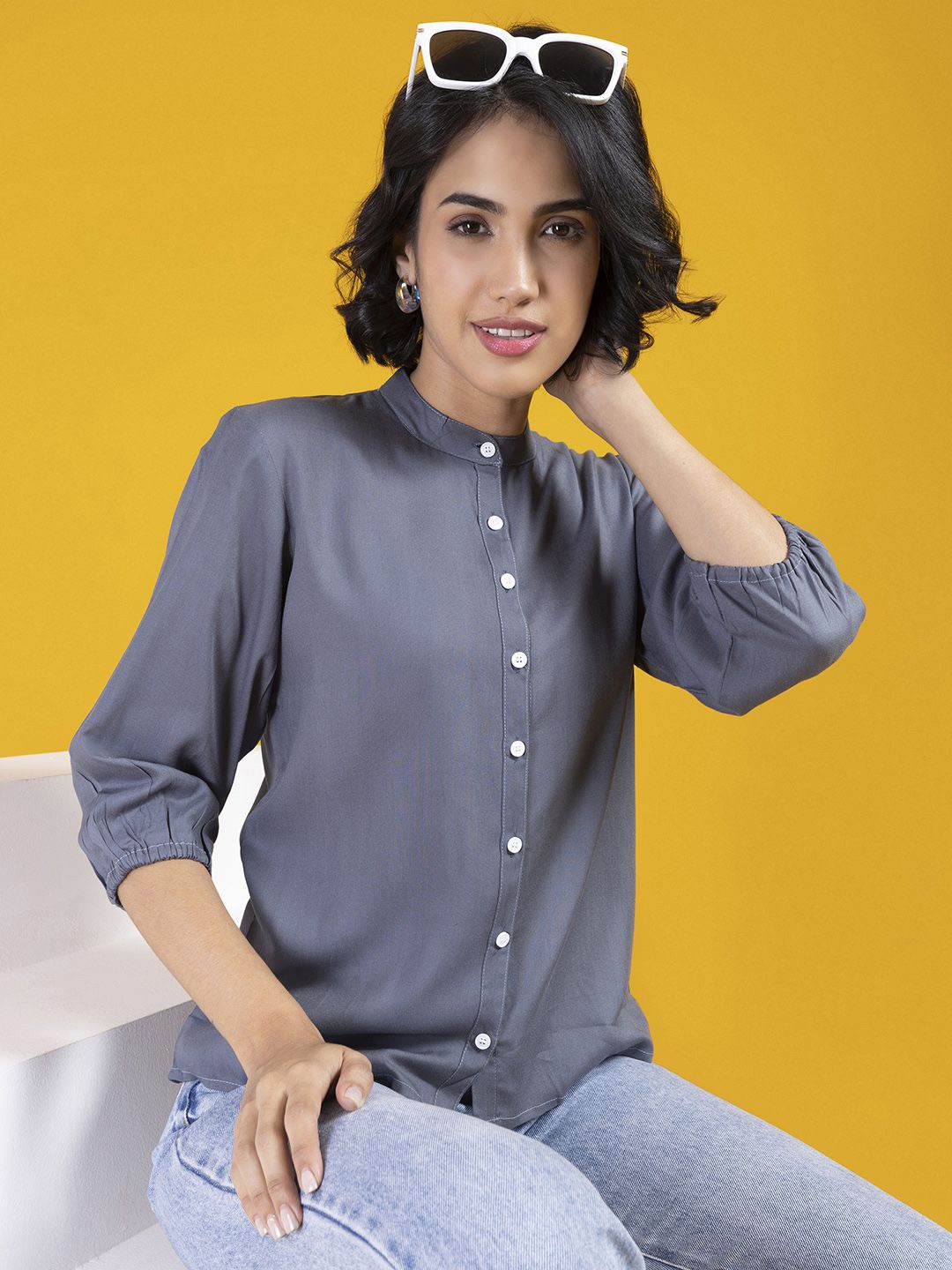 

Jomso Women Mandarin Collar Shirt Style Top, Grey