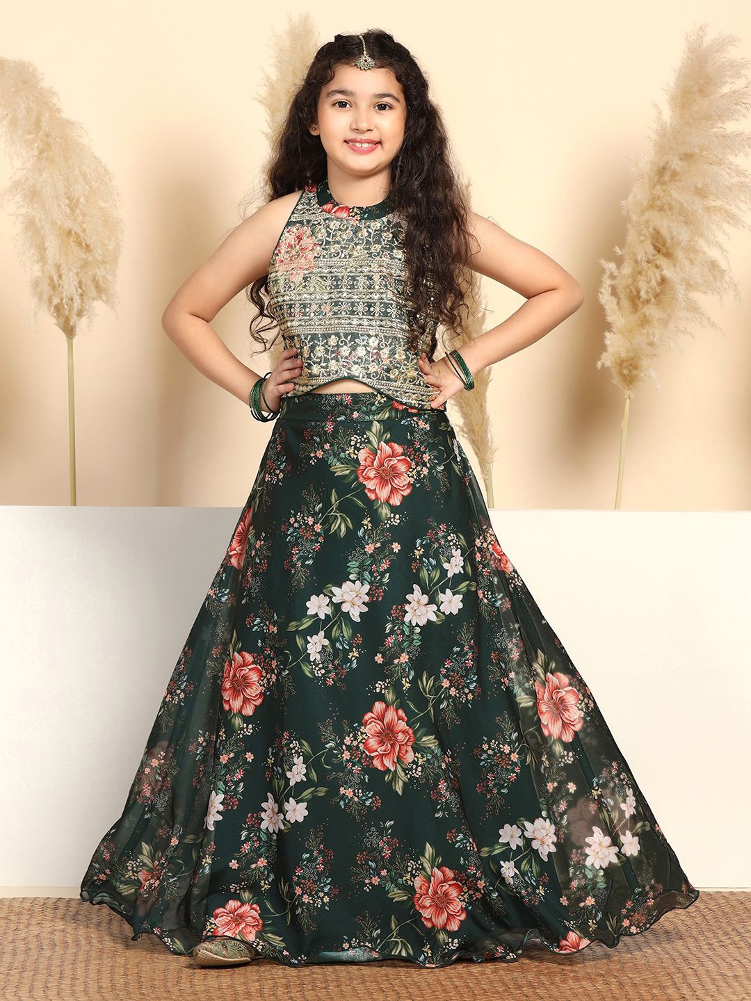 

FASHION DREAM Girls Floral Embroidered Organza Ready to Wear Lehenga & Choli, Green