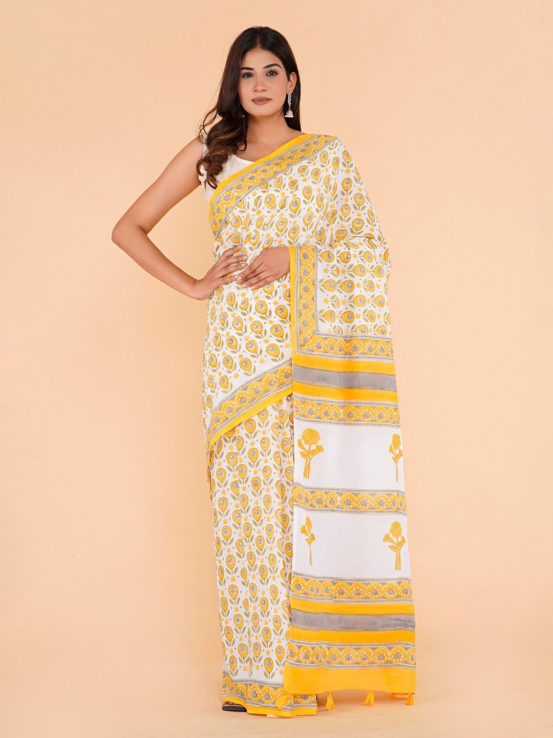 

Shivanya Handicrafts Floral Pure Cotton Block Printed Saree, Yellow