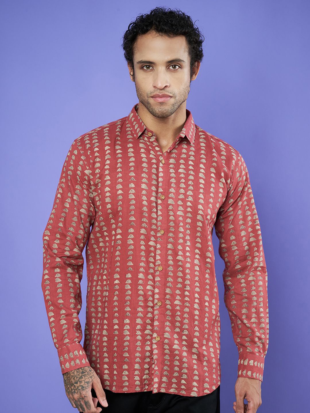 

COTLAND FASHION Men Premium Spread Collar Abstract Printed Cotton Casual Shirt, Rust