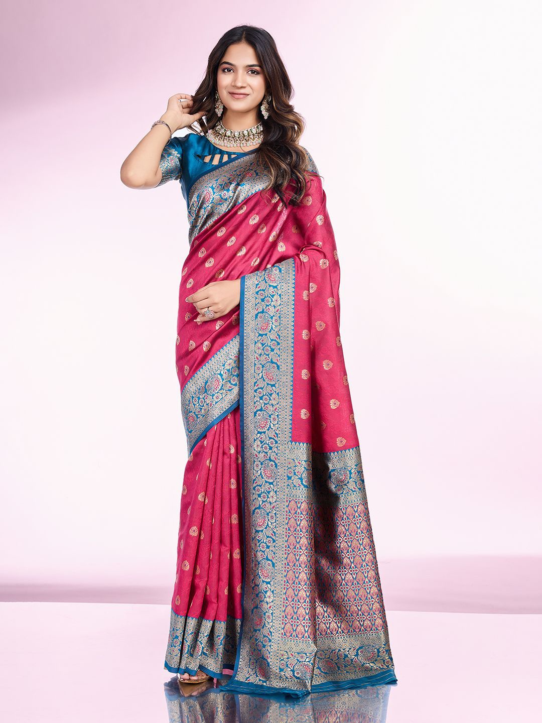 

RICH & ROMAN Woven Design Zari Pure Silk Banarasi Saree, Pink