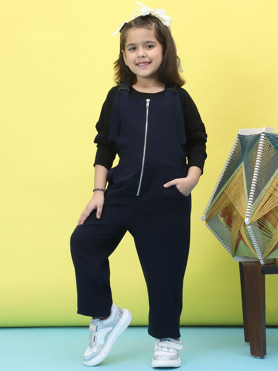 

Baawri Girls Pure Cotton Dungaree With Top, Navy blue