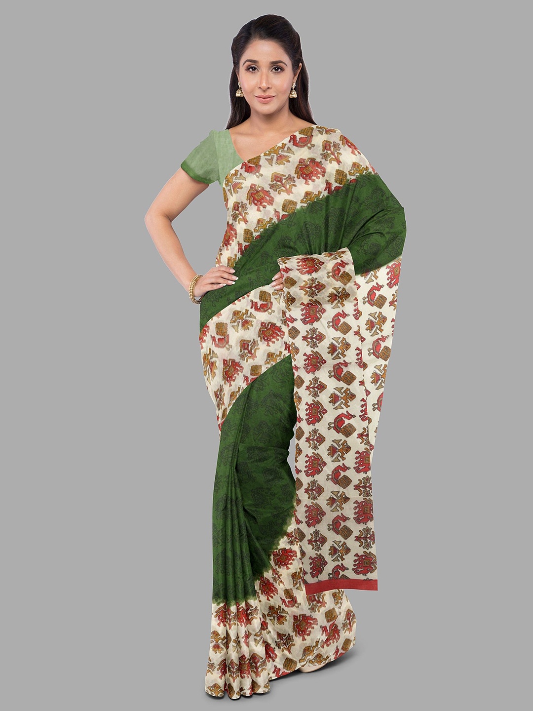 

The Chennai Silks Floral Pure Cotton Muga Saree, Green