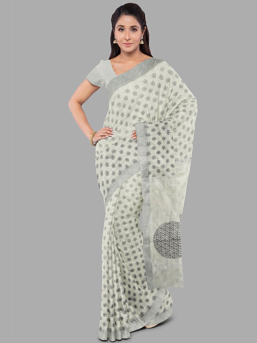 

The Chennai Silks Floral Linen Fusion Bhagalpuri Printed Saree, Off white