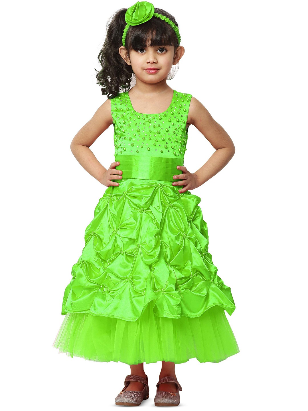 

Wish little Girls Embellished Beads & Stone Satin Maxi Dress, Green