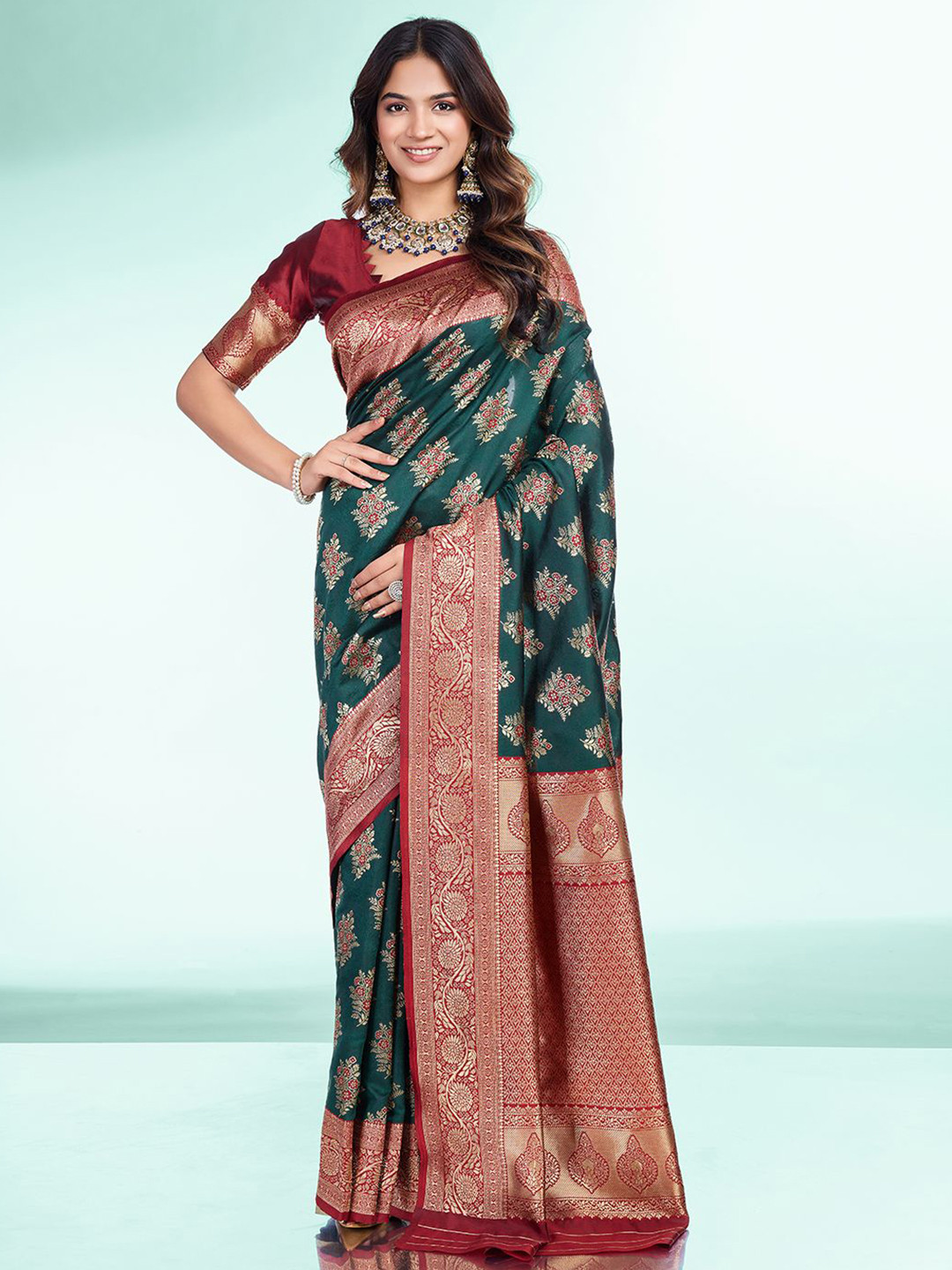 

RICH & ROMAN Woven Design Zari Pure Silk Banarasi Saree, Green