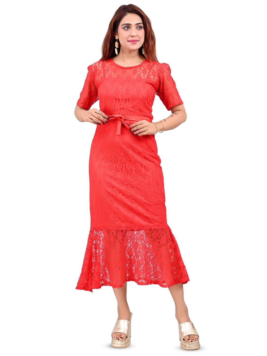 

FELLAMO Women Self Design Net Midi Dress, Red