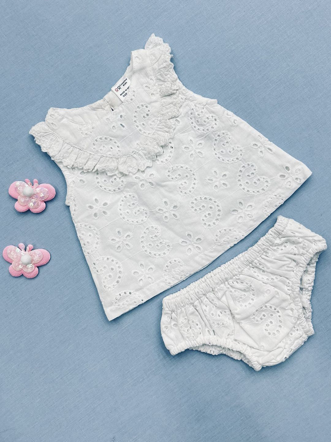 

Creative Kids Girls Floral Embroidered Schiffli Pure Cotton Tunic with Shorts, White